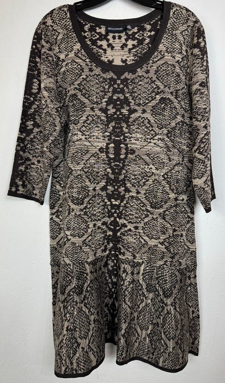 Nina Leonard Brown 3/4 Sleeve Knee length Dress Women's XL